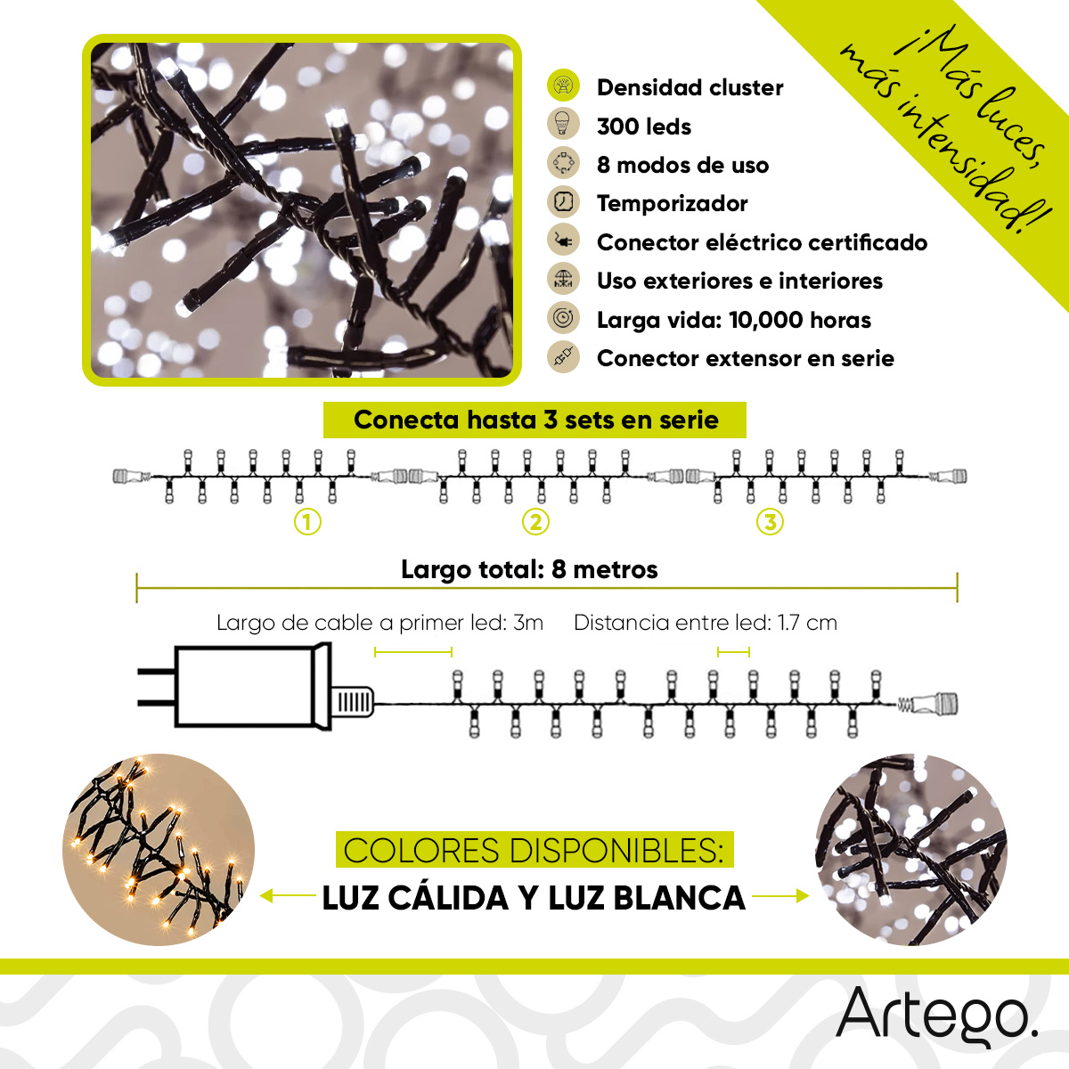 Foto 4 | Luces De Navidad Serie 300 Led Cluster Alta Densidad Luz Blanca Cable Verde Para Uso Interior Exterior  8 Modos De Uso