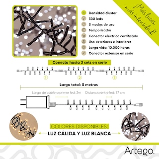 Foto 4 | Luces De Navidad Serie 300 Led Cluster Alta Densidad Luz Blanca Cable Verde Para Uso Interior Exterior 8 Modos De Uso