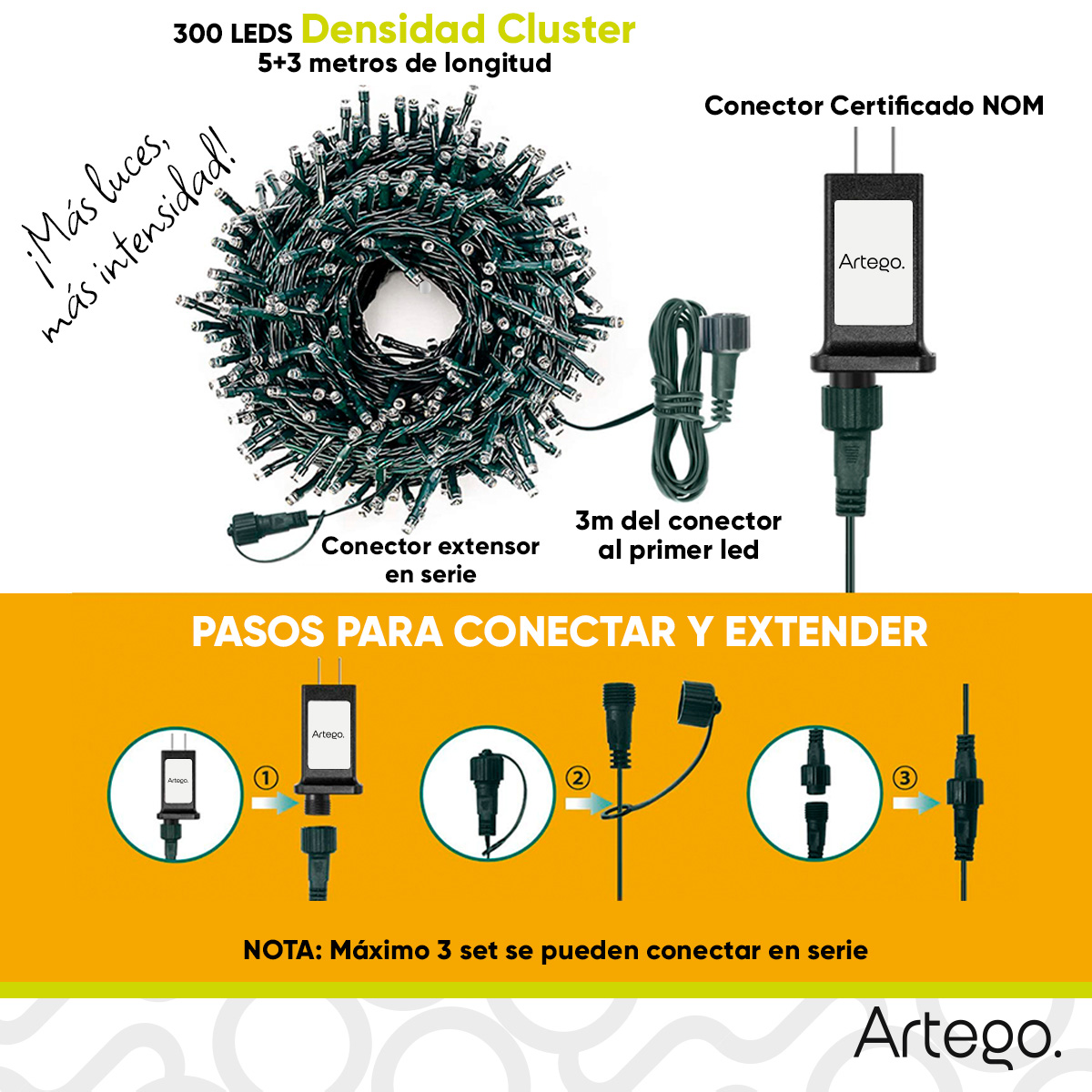 Foto 5 | Luces De Navidad Serie 300 Led Cluster Alta Densidad Luz Blanca Cable Verde Para Uso Interior Exterior  8 Modos De Uso