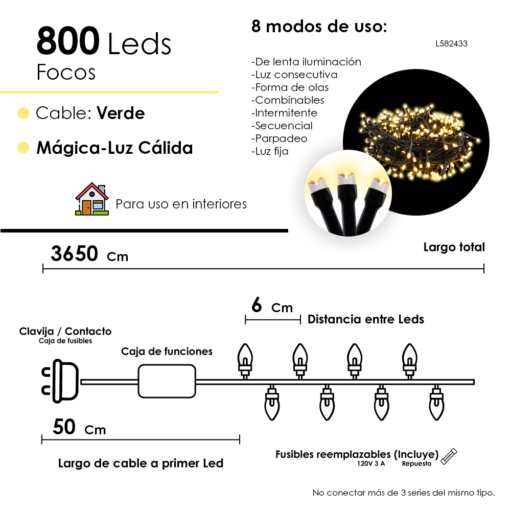 Foto 3 pulgar | Serie Navideña 800 Led Luz Cálida 36 Metros 8 Funciones