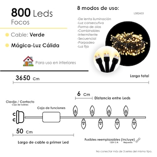 Foto 2 | Serie Navideña 800 Led Luz Cálida 36 Metros 8 Funciones