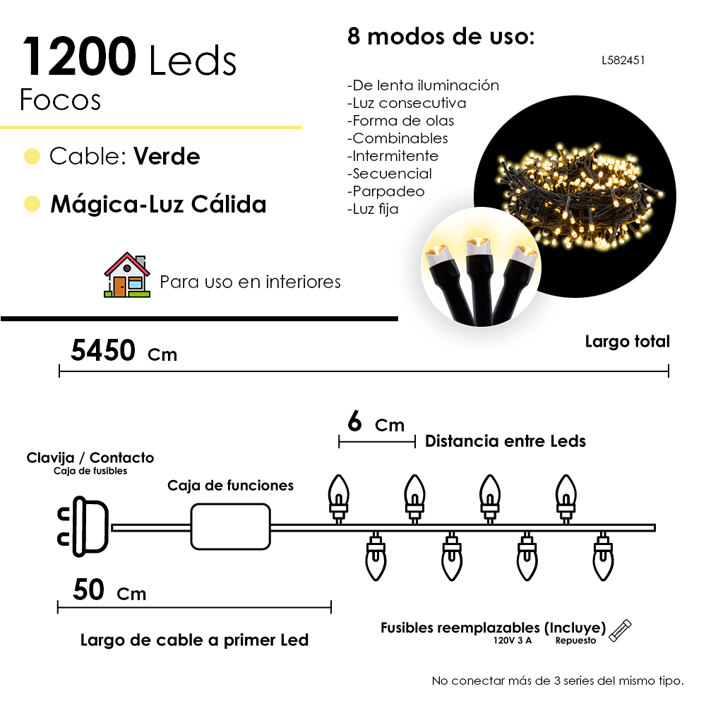 Foto 3 pulgar | Serie Navideña 1200 Led Luz Cálida 54 Metros 8 Funciones