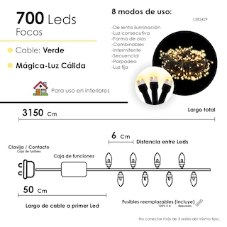 Foto 2 | Serie Navideña 700 Led Luz Cálida 31 Metros 8 Funciones
