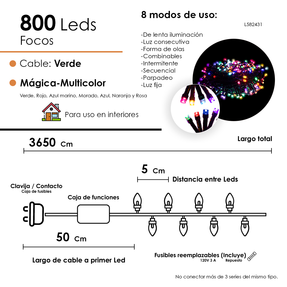 Foto 3 pulgar | Serie Navideña 800 Led Luz Multicolor 36 Metros 8 Funciones