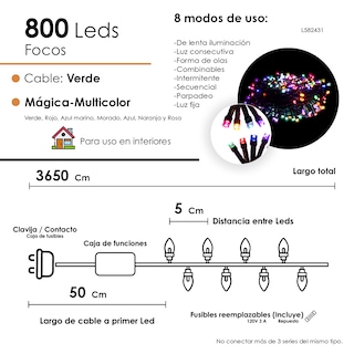 Foto 2 | Serie Navideña 800 Led Luz Multicolor 36 Metros 8 Funciones