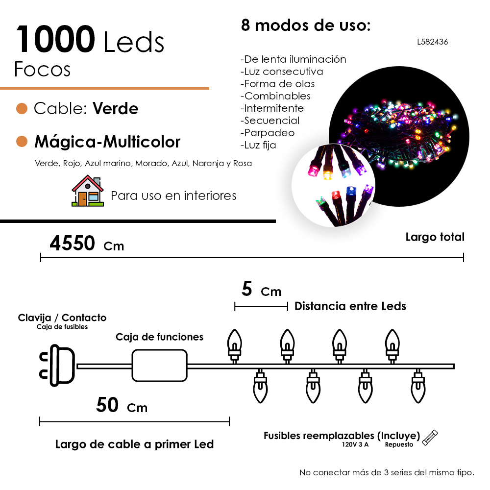 Foto 3 pulgar | Serie Navideña 1000 Led Luz Multicolor 45 Metros 8 Funciones