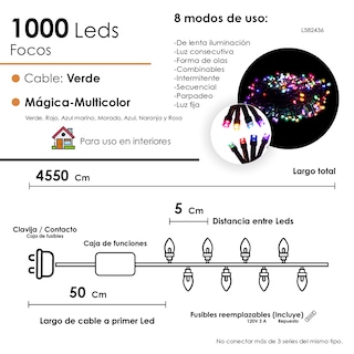 Foto 2 | Serie Navideña 1000 Led Luz Multicolor 45 Metros 8 Funciones