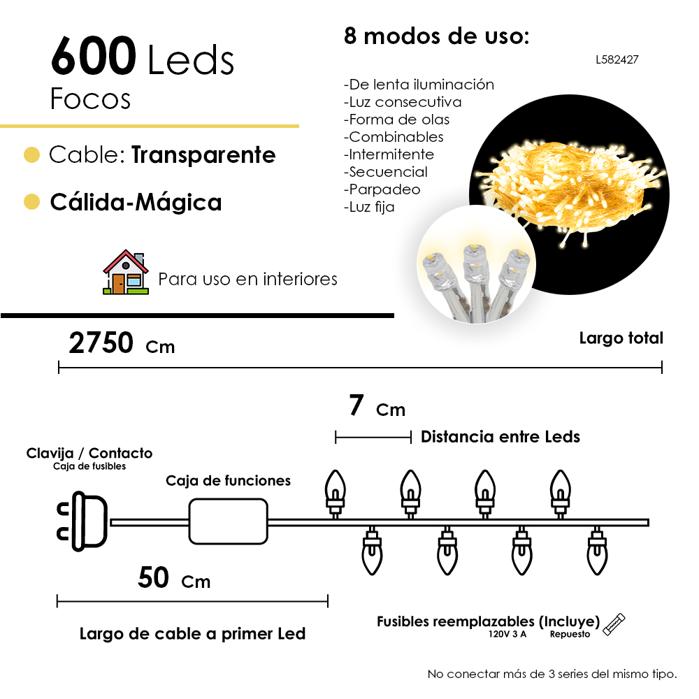 Foto 2 | Serie De Luces Led Navideña 600 Focos Luz Cálida 27 Metros