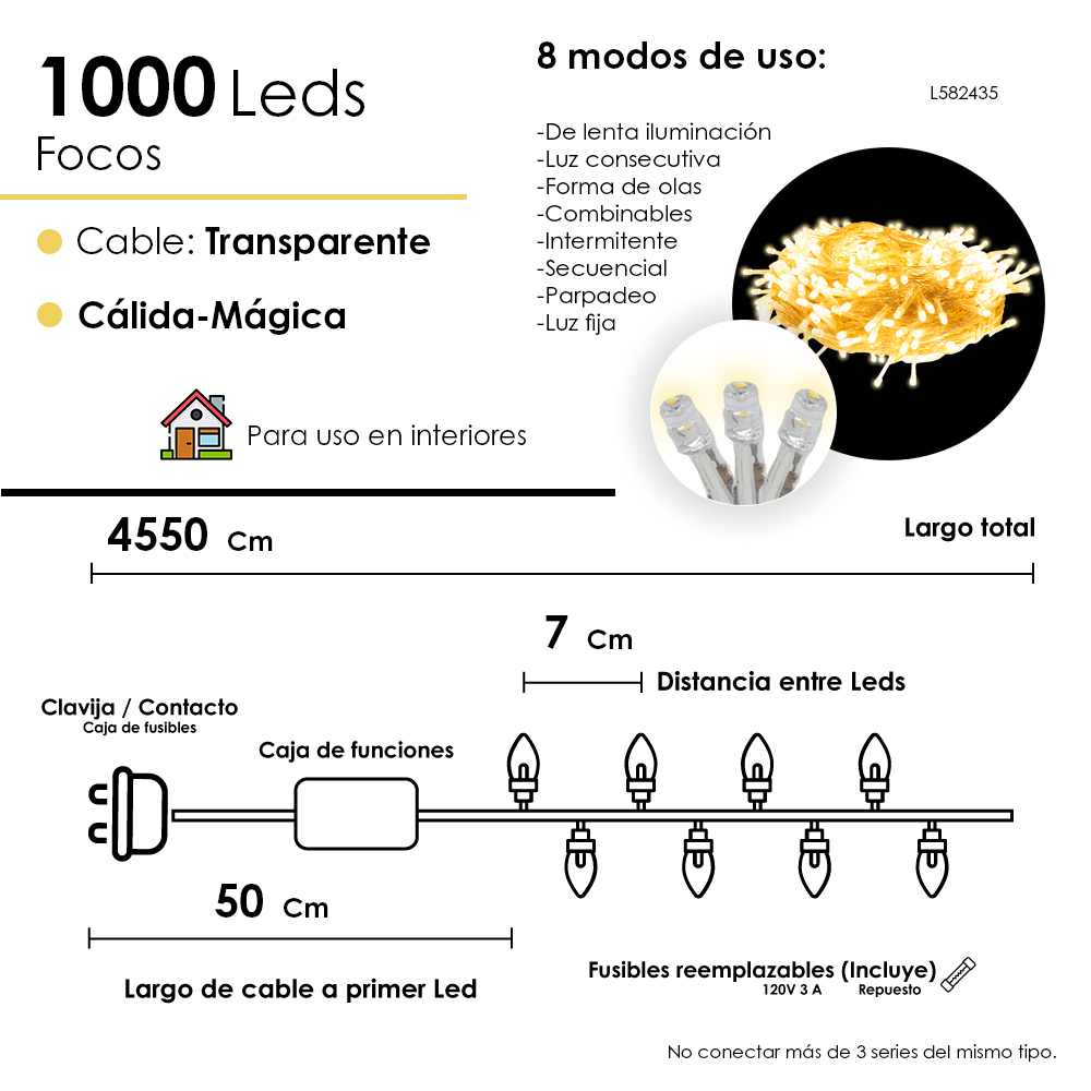 Foto 2 | Serie Navideña 1000 Led Luz Cálida 45 Metros 8 Funciones Cable Transparente