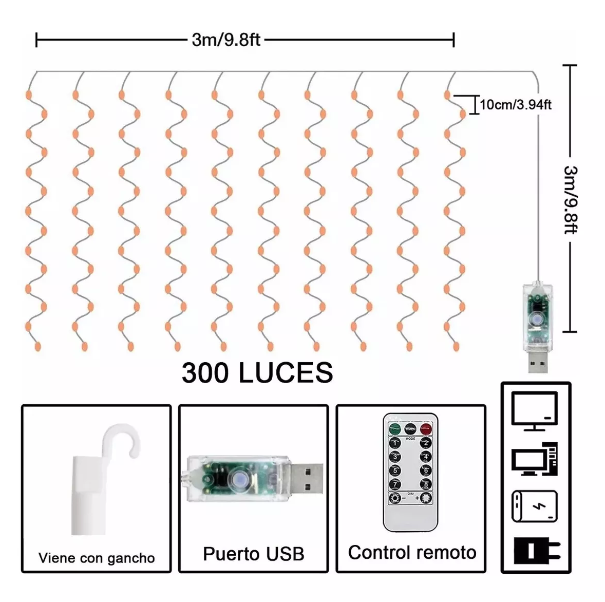 Foto 7 pulgar | Cortinas Serie De Luces 300 Led Decorativas Usb 3 X 3 M Tricolor