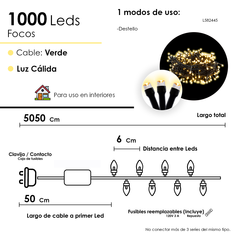 Foto 2 | Serie Navideña 1000 Luces Led Luz Cálida Destello 50 Metros