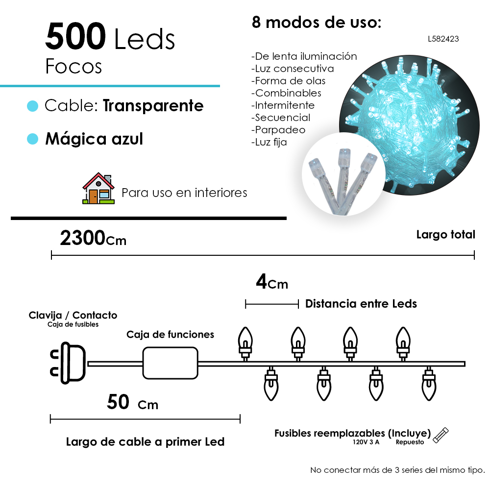 Foto 2 | Serie Navideña 500 Luces Led Luz Azul Cian 23mts 8 Funciones