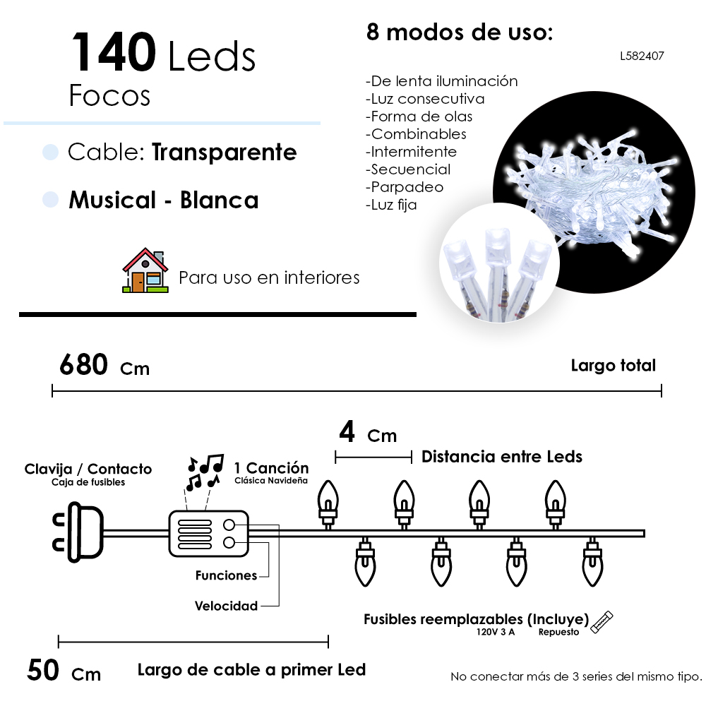 Foto 2 | Serie Navideña Musical 140 Luces Led Luz Blanca 6.8 Metros 8 Funciones Cable Transparente