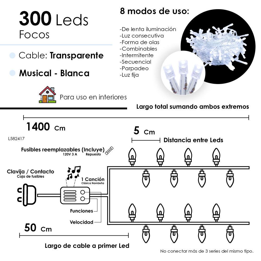 Foto 2 | Serie Navideña Musical 300 Led Luz Blanca 14 Mts 8 Funciones