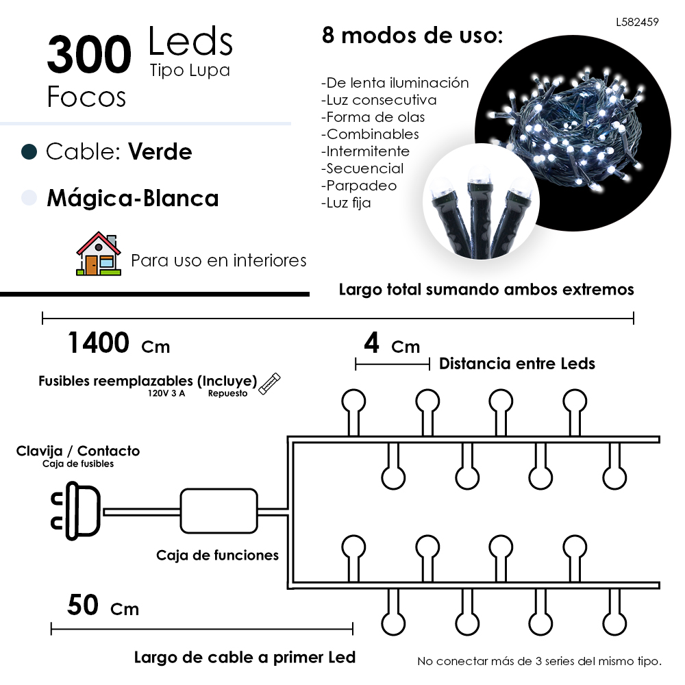 Foto 3 pulgar | Serie Navideña 300 Luces Led Luz Blanca 14mts 8 Funciones Cable Verde