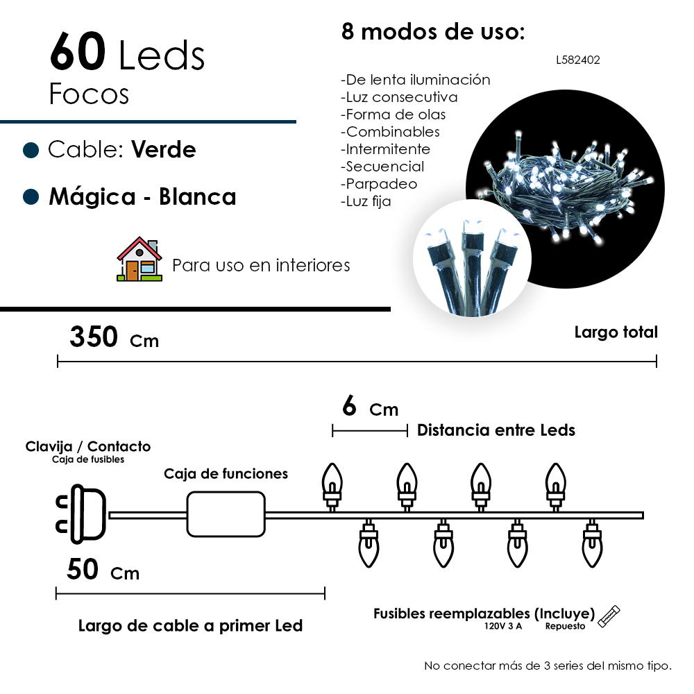 Foto 3 pulgar | Serie Navideña 60 Luces Led Luz Blanca 3.5mts 8 Funciones