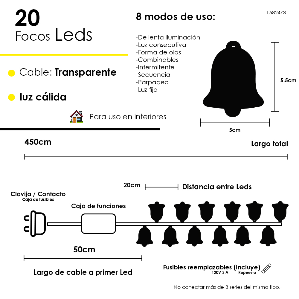 Foto 2 | Serie Navideña 20 Luces Led En Forma De Campana Luz Cálida 4.5mts 8 Funciones