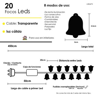 Foto 2 | Serie Navideña 20 Luces Led En Forma De Campana Luz Cálida 4.5mts 8 Funciones