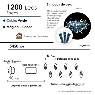 Foto 2 | Serie Navideña 1200 Led Luz Blanca 54 Metros 8 Funciones