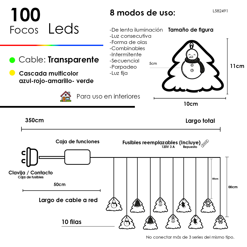 Foto 3 pulgar | Serie Navideña Cascada De Arbolitos Navideños Luz Led Multicolor 3.5mts