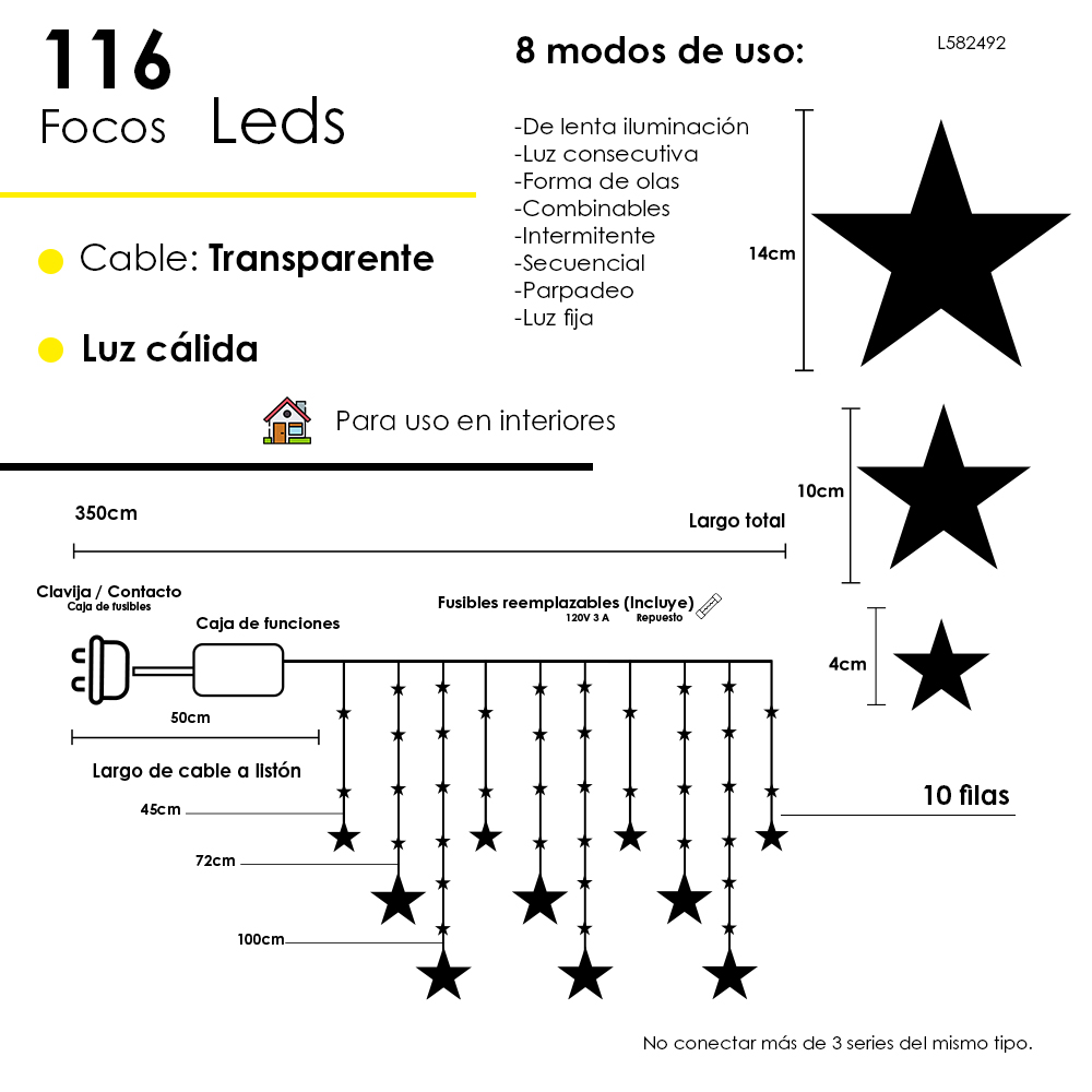 Foto 3 pulgar | Serie Navideña Cascada De Estrellas Luces Led Luz Cálida 3.5 Metros 8 Funciones