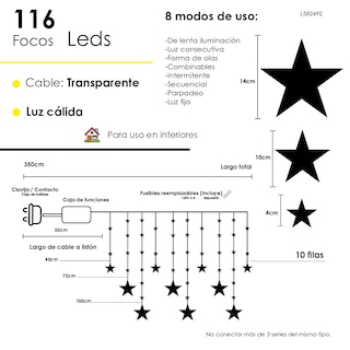 Foto 2 | Serie Navideña Cascada De Estrellas Luces Led Luz Cálida 3.5 Metros 8 Funciones