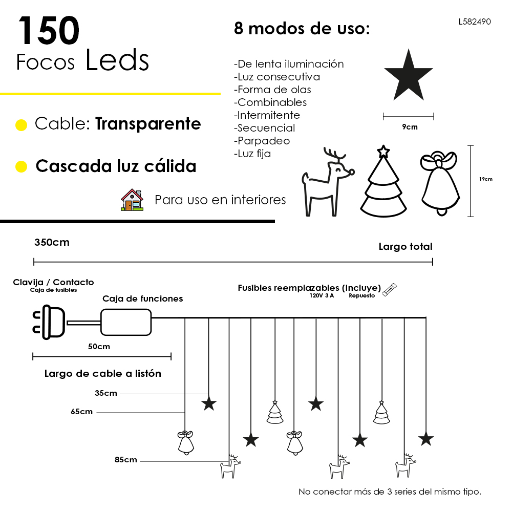 Foto 3 pulgar | Serie Navideña Cascada De Figuras Navideñas Luces Led Luz Cálida 3.5 Metros 8 Funciones