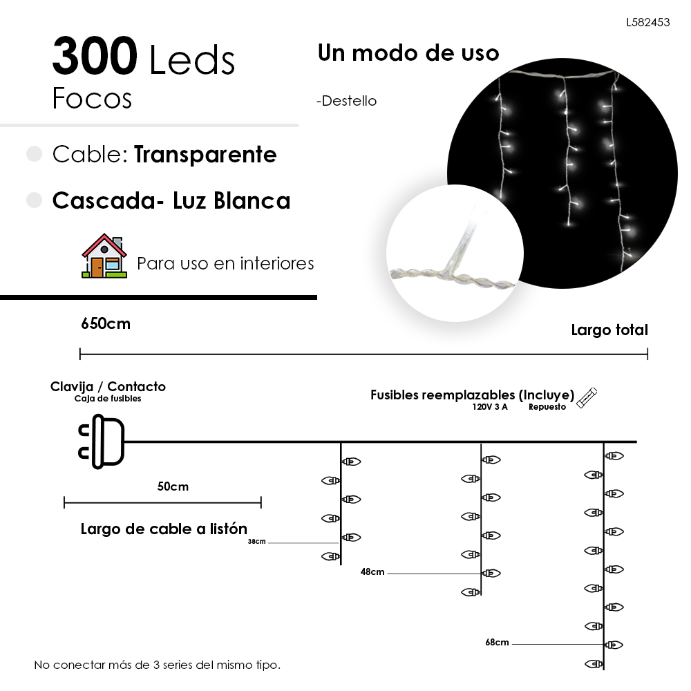 Foto 2 | Serie Cascada Navideña 300 Luces Led Luz Blanca 6.5 Metros 1 Función Destello