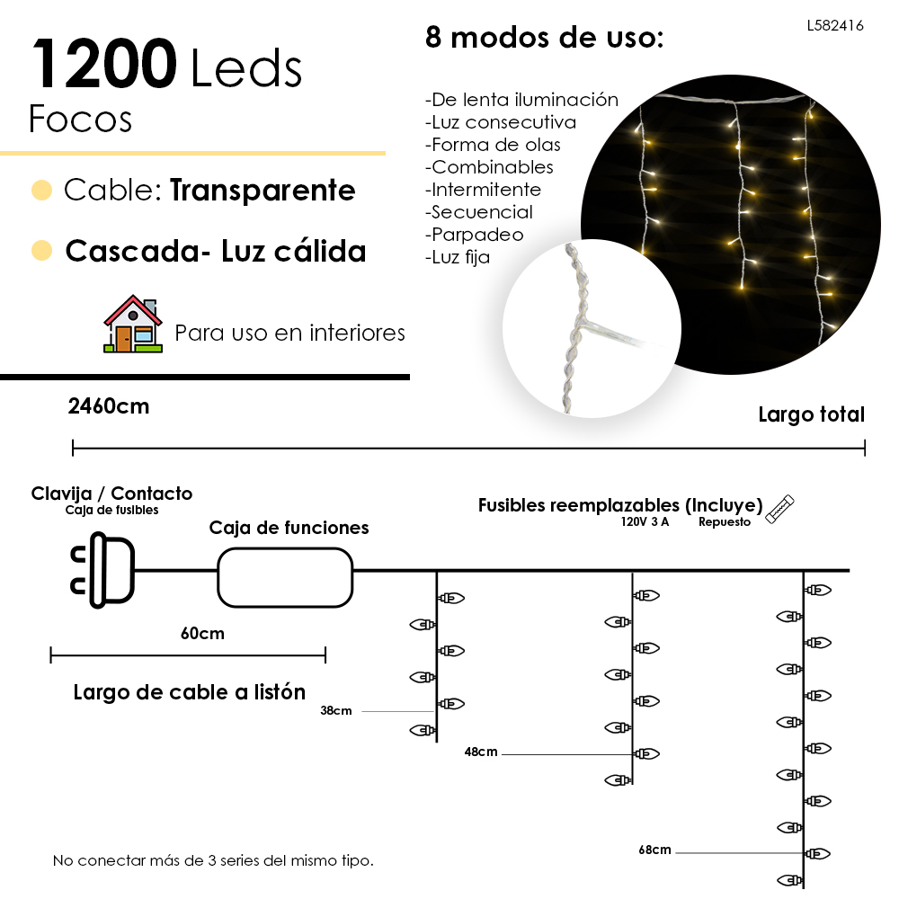 Foto 3 pulgar | Serie Cascada Navideña 1200 Luces Led Luz Cálida 24 Metros 8 Funciones