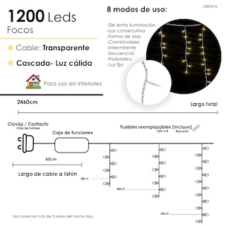 Foto 2 | Serie Cascada Navideña 1200 Luces Led Luz Cálida 24 Metros 8 Funciones