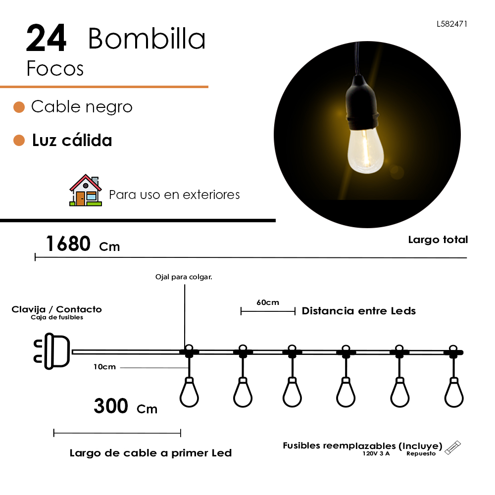 Foto 3 pulgar | Guirnalda De Luces Led Exterior 16.8 Metros 24 Focos Led Luz Cálida Para Jardín Patio Roof