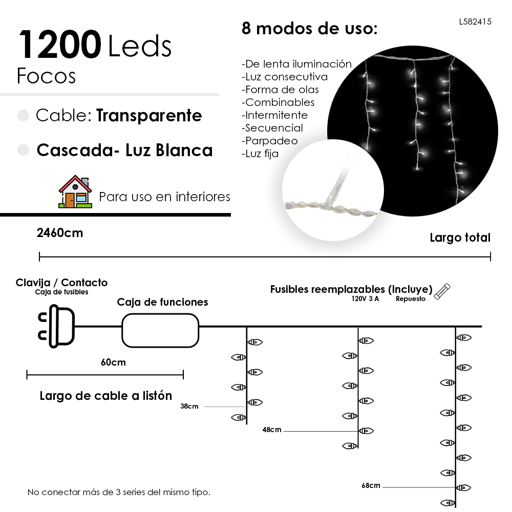 Foto 3 pulgar | Serie Cascada Navideña 1200 Luces Led Luz Blanca 24 Metros 8 Funciones