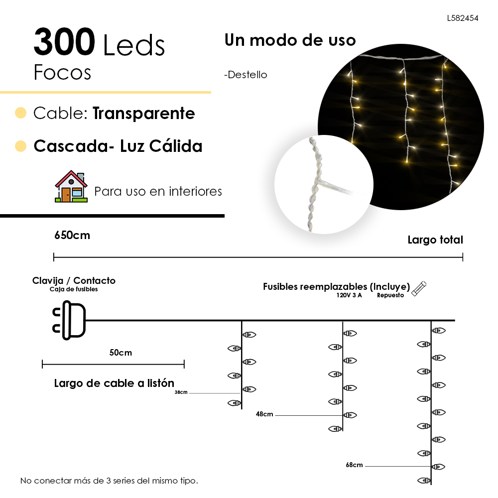 Foto 3 pulgar | Serie Cascada Navideña 300 Luces Led Luz Cálida 6.5 Metros 1 Función Destello