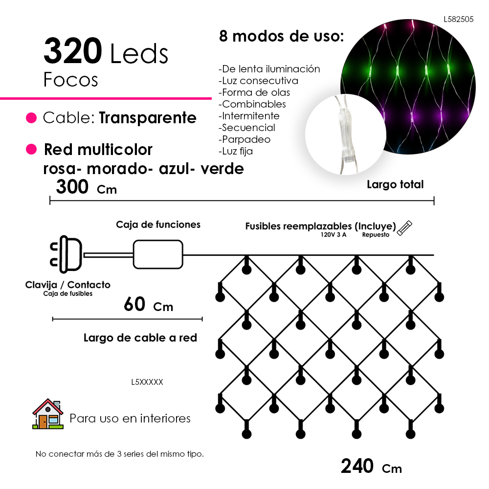 Foto 3 pulgar | Red De Luces Led Navideña 320 Luces Led Luz Multicolor 3 Metros 8 Funciones