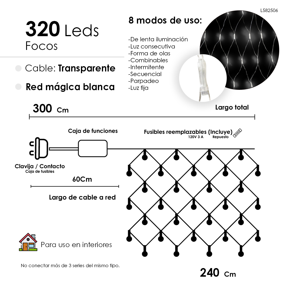 Foto 3 pulgar | Red De Luces Led Navideña 320 Luces Led Luz Blanca 3 Metros 8 Funciones