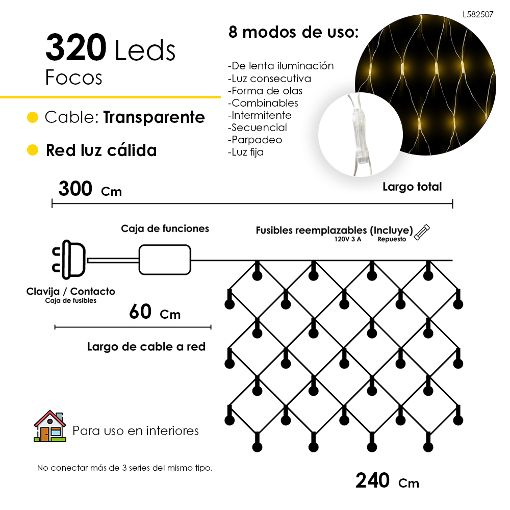 Foto 2 | Red De Luces Led Navideña 320 Luces Led Luz Cálida 3 Metros 8 Funciones