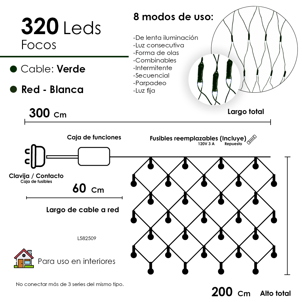 Foto 2 | Red De Luces Led Navideña 320 Luces Led Luz Blanca 3 Metros 8 Funciones Cable Verde