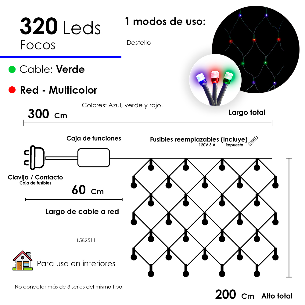 Foto 2 | Red De Luces Led Navideña 320 Luces Led Luz Multicolor 3 Metros Función Destello