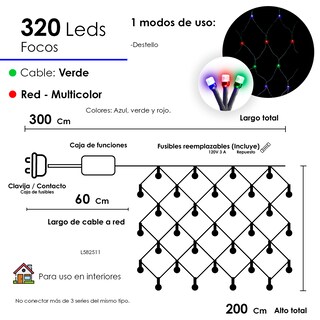 Foto 2 | Red De Luces Led Navideña 320 Luces Led Luz Multicolor 3 Metros Función Destello
