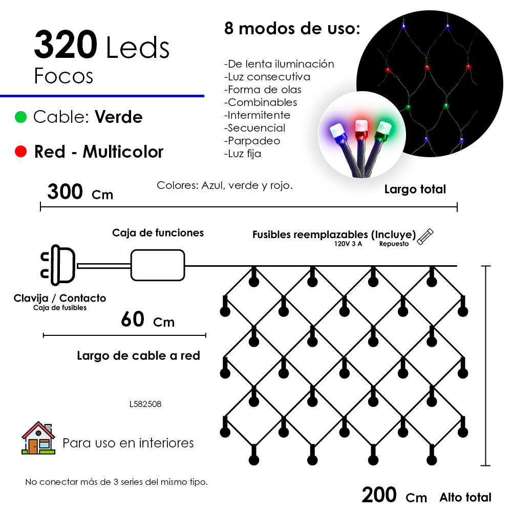 Foto 3 pulgar | Red De Luces Led Navideña 320 Luces Led Luz Multicolor 3 Metros 8 Funciones