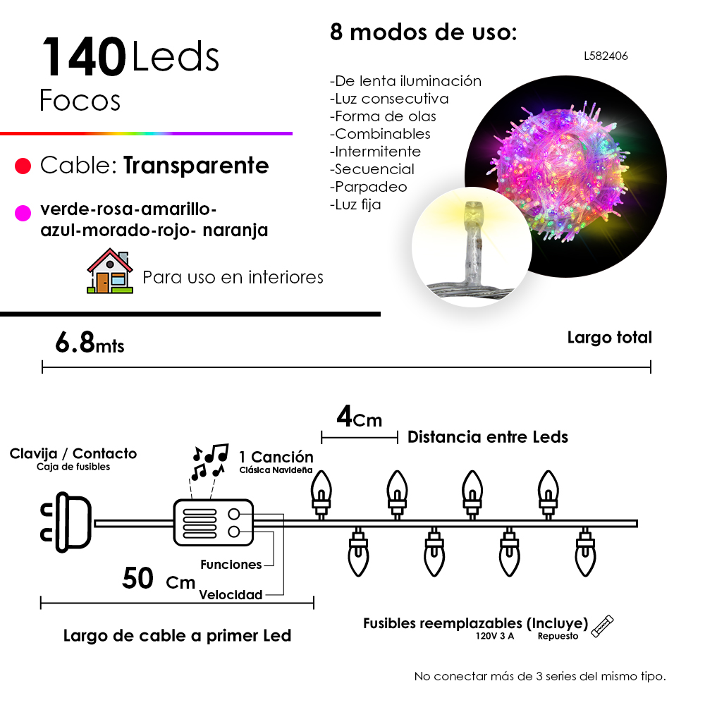 Foto 2 | Serie Navideña Musical 140 Luces Led Luz Multicolor 6.8 Metros 8 Funciones Cable Transparente