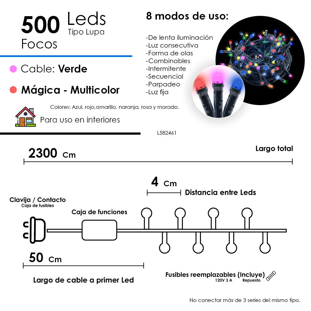 Foto 3 pulgar | Serie Navideña 500 Luces Led Tipo Lupa Luz Multicolor 23 Metros Cable Verde