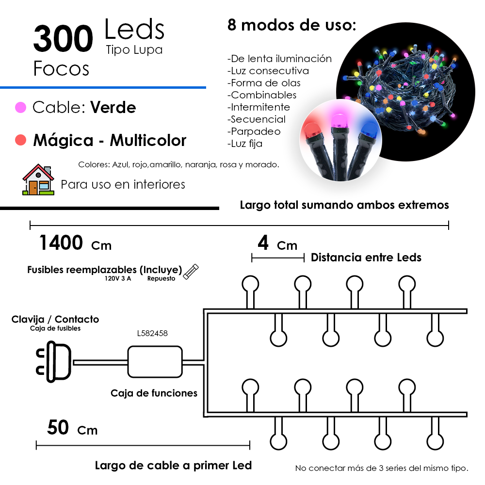 Foto 2 | Serie Navideña 300 Luces Led Tipo Lupa Luz Multicolor 14 Metros Cable Verde