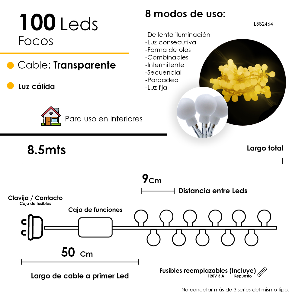 Foto 3 pulgar | Serie Navideña 100 Luces Luz Led Tipo Bombilla Luz Cálida 8.5 Metros