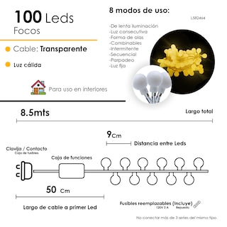 Foto 2 | Serie Navideña 100 Luces Luz Led Tipo Bombilla Luz Cálida 8.5 Metros