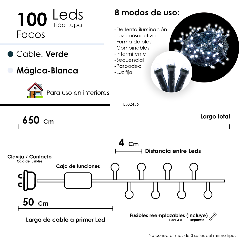 Foto 3 pulgar | Serie Navideña 100 Luces Led Tipo Lupa Luz Blanca 6.5 Metros Cable Verde