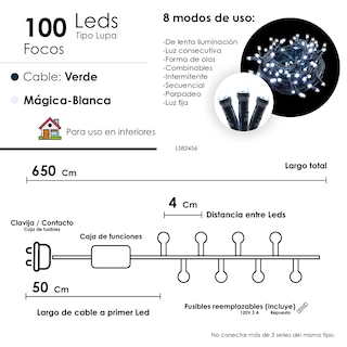 Foto 2 | Serie Navideña 100 Luces Led Tipo Lupa Luz Blanca 6.5 Metros Cable Verde