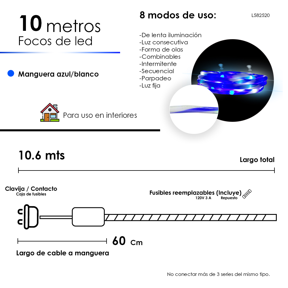 Foto 3 pulgar | Serie Manguera Navideña Caramelo Luz Led Azul Y Blanca 10 Metros Adorno Navidad