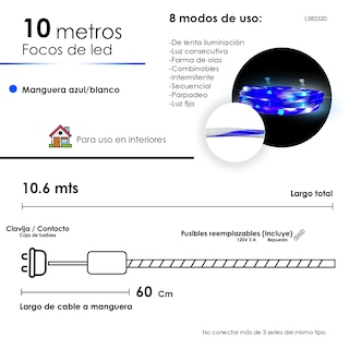 Foto 2 | Serie Manguera Navideña Caramelo Luz Led Azul Y Blanca 10 Metros Adorno Navidad