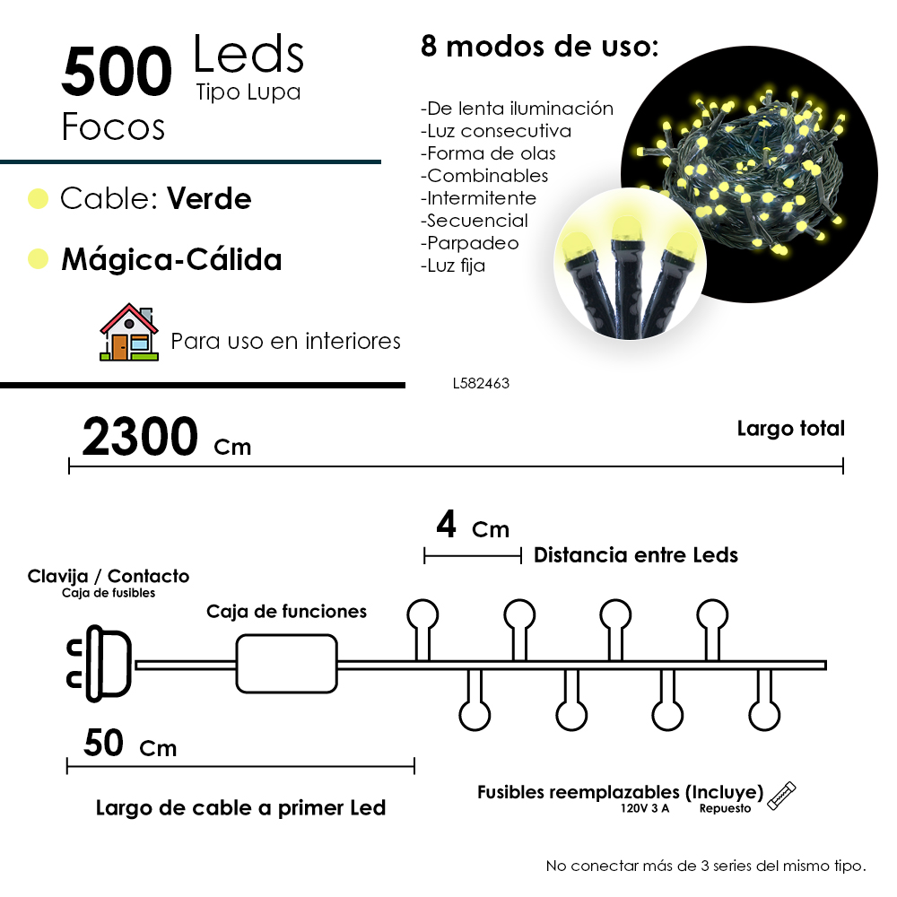 Foto 3 pulgar | Serie Navideña 500 Luces Led Tipo Lupa Luz Cálida 23 Metros Cable Verde